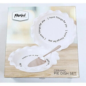 Parini Cookware White 2-Piece Ceramic Bakeware Pie Dish Set *Happy as a Pie* NEW